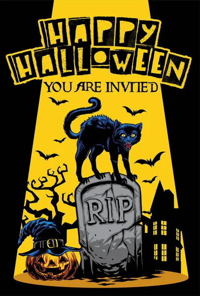 halloween invitation design with cat standing on the top of tomb