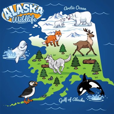 Alaska Wildlife map in cartoon style clipart