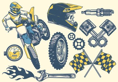 Retro el çizim tarzında motokros nesneleri kümesi
