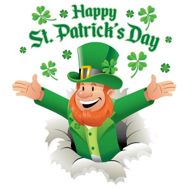 happy leprechaun ripping out the paper greeting happy st. patric clipart