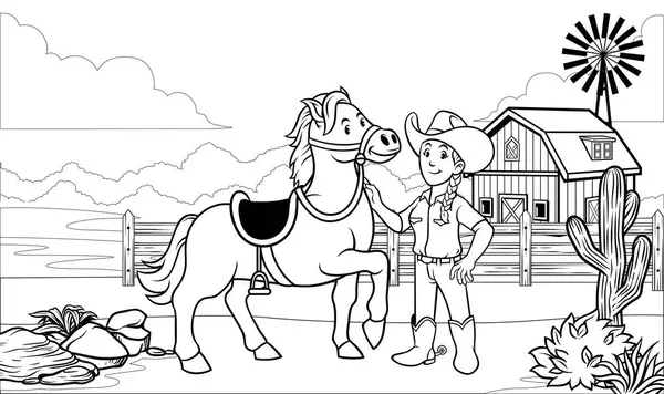 Black White Coloring Page Happy Cowgirl Her Horse — Stock Vector