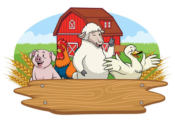 happy animals in the farm yard with blank wooden sign