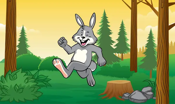 happy cartoon rabbit running on the forest