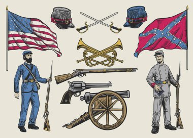 hand drawing set of american civil war objects clipart