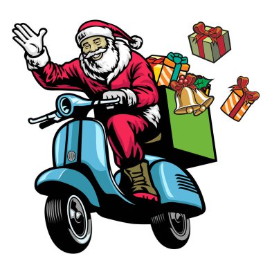 Noel Baba bir sürü Noel hediyesiyle eski scooter 'a biniyor.