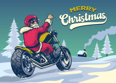 Noel Baba 'nın klasik el çizimi motosiklet sürüşü.