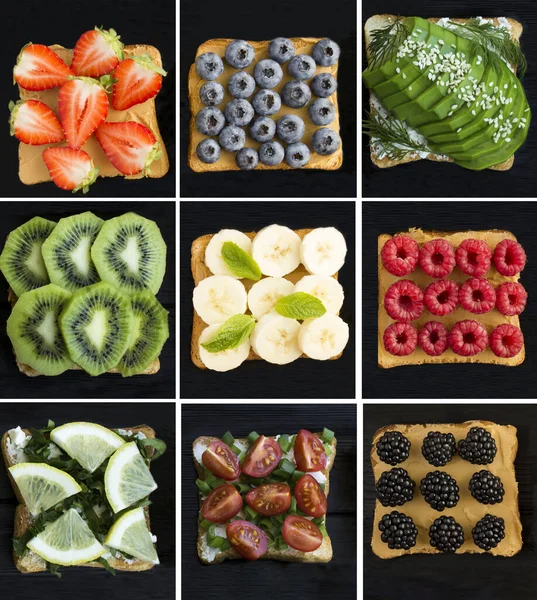 Collage of sandwiches with fruit, berry and vegetable on the black background.Top view. Close-up.