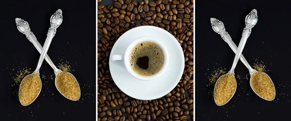 Чашка Черного Кофе Ложка Сахаром Черном Фоне Collage Top View — стоковое фото