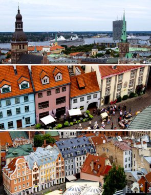 Kolaj. Yaz günü yukarıdan Riga 'ya panoramik manzara. Letonya. Baltık Devletleri..