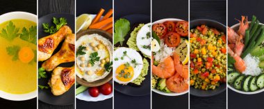 Siyah arka planda çeşitli yemek tabaklarının kolajı. Üst görünüm.