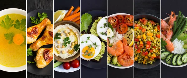 Collage Verschiedener Teller Mit Lebensmitteln Auf Schwarzem Hintergrund Ansicht Von Stockbild