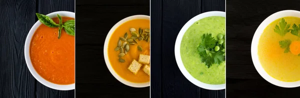 Collage Alimentos Varios Tipos Sopa Fondo Negro Vista Superior —  Fotos de Stock