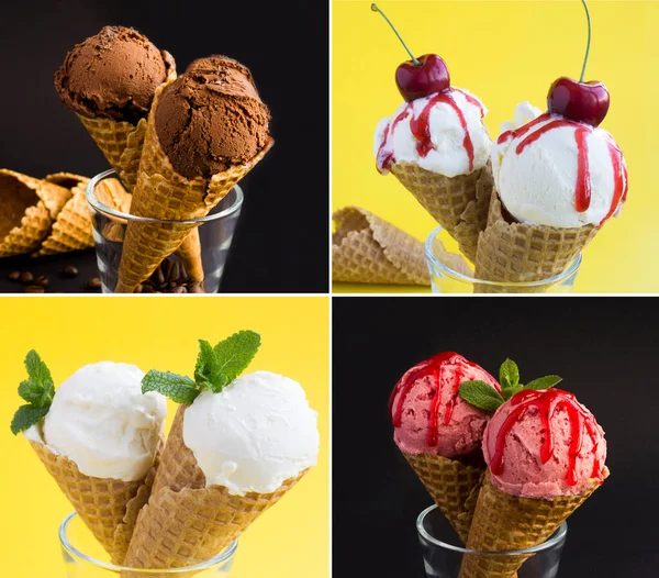 Collage of ice cream in the waffle cone on the black and yellow background. Close-up.