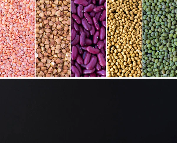 Collage of healthy food. Lentils, beans ,mung, buckwheat and chickpea on the black background. Copy space.