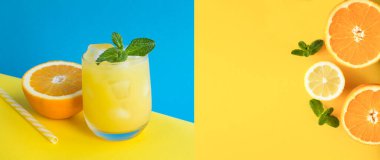 Orange juice with ice in the drinking glass on the colored background. Collage. Copy space.