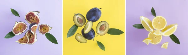 Collage. Flying in air fresh ripe whole and cut blue plums, lemon and figs on the colored background.