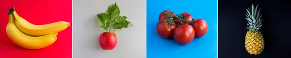 Kolaż Warzyw Owoców Kolorowym Tle Zbliżenie — Zdjęcie stockowe