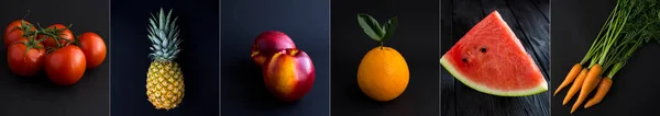Kolaż Warzyw Owoców Czarnym Tle Zbliżenie — Zdjęcie stockowe