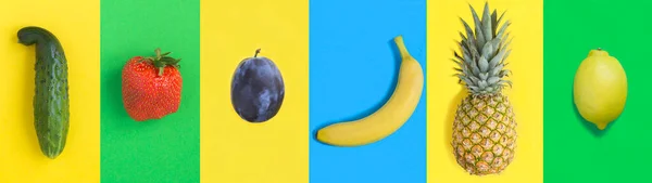 색깔있는 배경에 과일의 콜라주 클로즈업 — 스톡 사진