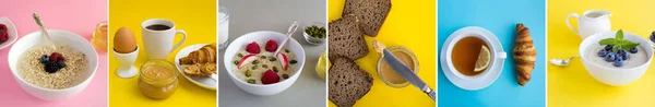 Collage Muchos Populares Todo Mundo Desayuno Sobre Fondo Color Primer —  Fotos de Stock