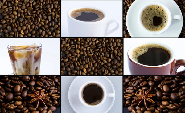 Koffie Collage Koffiekop Gebrande Koffiebonen Close — Stockfoto