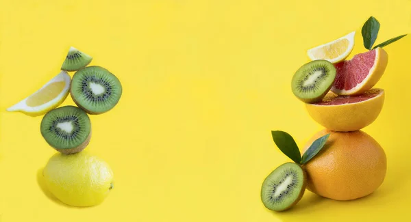 Collage Pirámide Fruta Equilibrio Sobre Fondo Amarillo Copiar Espacio Primer —  Fotos de Stock