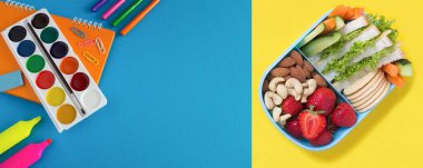 Renkli arka planda okul kâğıdı ve beslenme çantası var. Üst Manzara. Boşluğu kopyala.