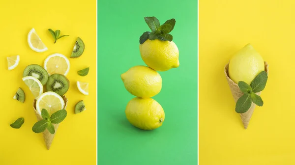 Коллаж Мороженого Лимоном Лимоном Балансе Цветном Фоне Крупный План Стоковая Картинка