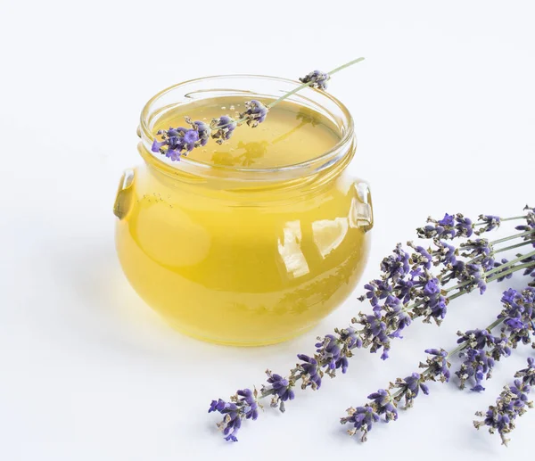 Honey Glass Jar Lavender Flower White Background Close — Stock Photo, Image