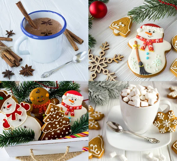 Christmas Collage Christmas Gingerbread Hot Chocolate Marshmallows Cocoa White Wooden — Stock Photo, Image