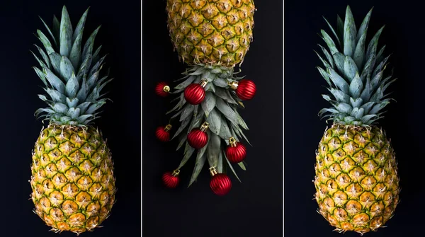 Siyah arka planda kırmızı noel boncuğu olan ananas. Uzayı kopyala Kolaj.