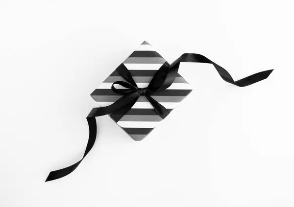 Gift Box Wrapped Striped Black White Paper White Background Top — Stock Photo, Image