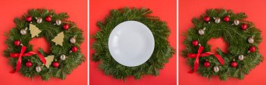 Kolaj. Kırmızı arka planda beyaz tabak ve renkli boncuklu Noel yüzüğü. Uzayı kopyala Üst görünüm.
