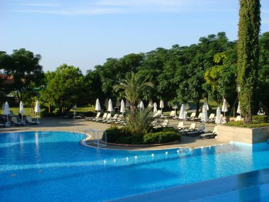 View of the hotel pools on the summer day. Close-up. Turkey.