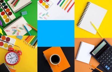 Renkli arka planda okul kırtasiyesi kolajı. Üst Manzara. Boşluğu kopyala.