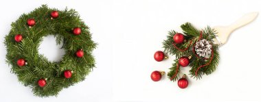 Christmas wreath, paintbrush with red bead and spruce branch on the light background. Top view. Copy space. clipart