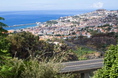 Bir yaz gününde şehir, okyanus ve köprü manzarası. Funchal. Madeira. Portekiz.