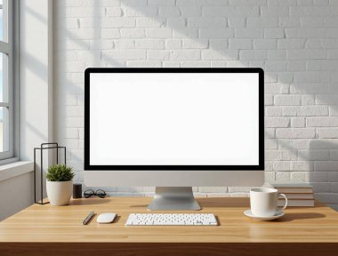 Ofis içi mesaj için beyaz boş monitörle dolu. Minimalist çevrimiçi çalışma alanı.