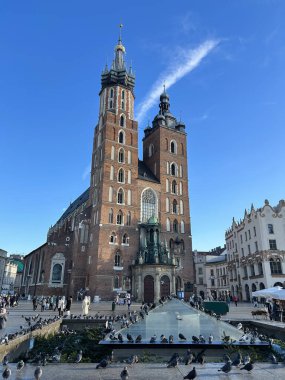 Güneşli bir günde St. Mary kilisesi manzarası. Krakow. Polonya.