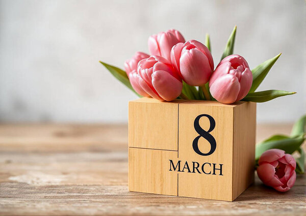 Number eight on a wooden cube and pink tulips. Close-up.