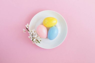 Pembe arka planda beyaz bir tabakta renkli paskalya yumurtaları. Üst Manzara. Yakın plan..