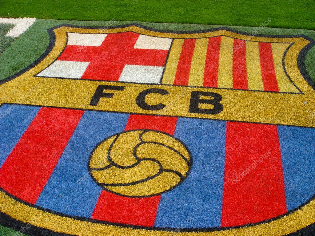 Barcelona club emblem at the stadium. Spain. Close-up.