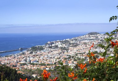 Bir yaz gününde şehrin ve okyanusun güzel manzarası. Üst Manzara. Funchal. Madeira. Portekiz.
