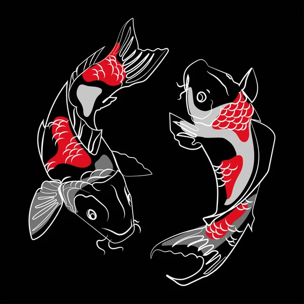 Zwei Japanische Koi Karpfenfische Zeichnen Linienzeichnung Mit Roten Und Grauen — Stockvektor
