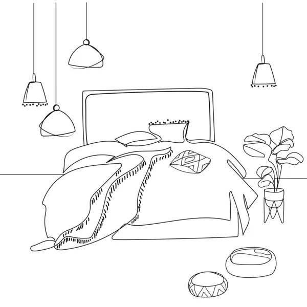 Schlafzimmer Innenausstattung Mit Doppelbett Dekorative Hängende Kronleuchter Zimmerpflanze Skizze Linie — Stockvektor