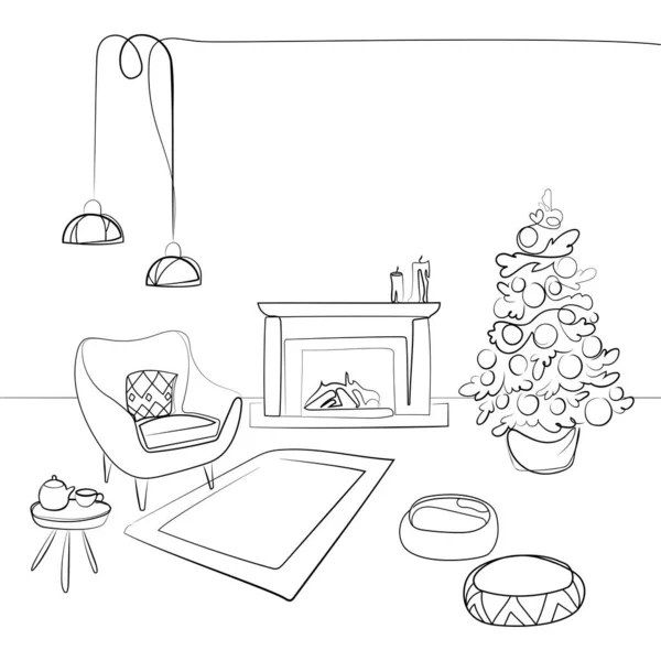 リビングルーム暖炉 クリスマスツリーと快適なアームチェアベクトルライン図面 黒と白のスケッチとクリスマスインテリアデザイン 家の中の居心地の良い雰囲気 暖炉付きのモダンなインテリア — ストックベクタ