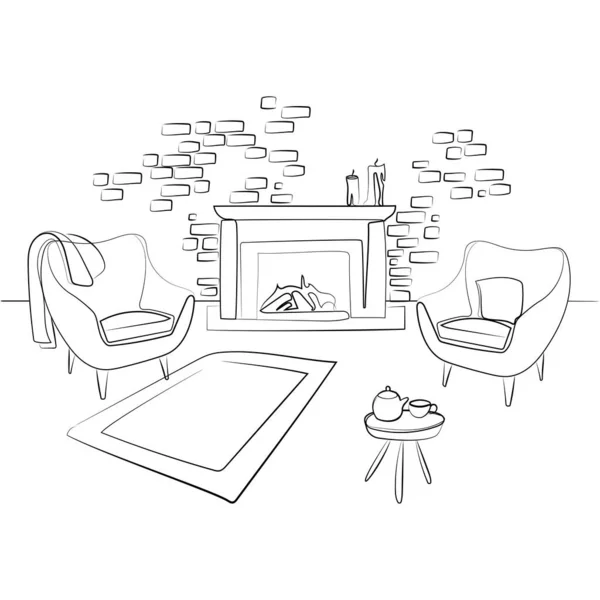 벽난로와 테이블 스케치 스타일 일러스트레이션에 라인그리기 미니멀리즘 스타일의 Relade Fireplace — 스톡 벡터
