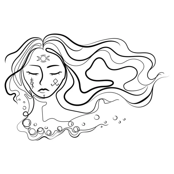 Абстрактный Женский Портрет Длинными Текучими Волосами Скандальными Рунами Триумфальной Лунной — стоковый вектор