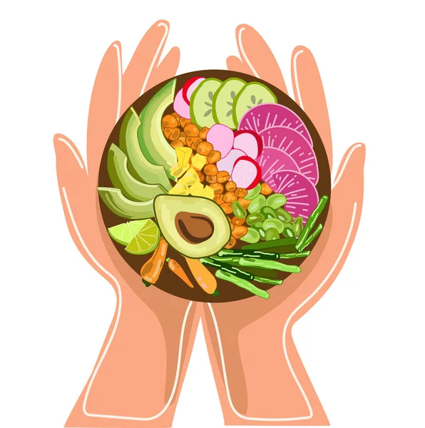 Mangkuk Sayuran Vegetarian Sehat Tangan Manusia Gambar Atas Vektor Ilustrasi - Stok Vektor
