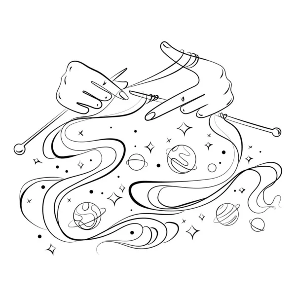 手と編み物針ニットスペース 宇宙線アートベクトルのイラスト エンブレム プリント 入れ墨のための創造的なアイデア — ストックベクタ